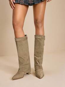 Daringsoles Women's Fashion Pointed Toe Chunky High Heel Knee-High Boots For Christmas - Apricot - View 2