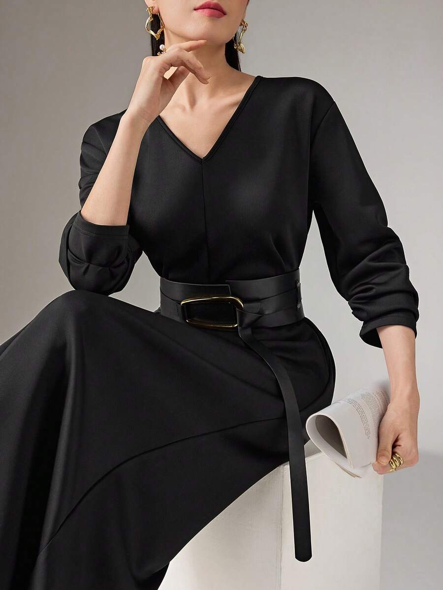 Heiryn V-Neck Waist Cinched Slimming Elegant & Comfortable Dress - Black - View 1
