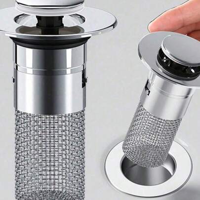 1个弹起式水槽排水塞，镀铬塑料材质，适用于浴室面盆排水，可捕捉毛发并防止堵塞。适用于排水口直径3.4-4.0厘米。购买前请确认尺寸是否兼容。浴室装饰，夏季