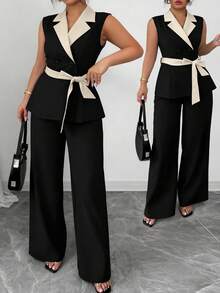 Elenzga Plus Size Woven Fabric Elegant Commuter Elegant Versatile Linen Feeling Sleeveless Lapel Tie-Up Contrast Color Cinched Waist Double-Breasted Women Thin Blazer Jacket (Kooky Elegance Collection - Woe Is Me Vibes - Wednesday Aesthetic) - Black - View 7