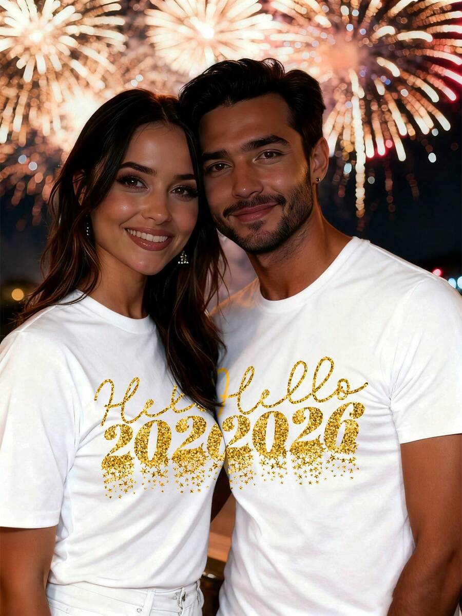 Manfinity Homme 2026 Happy New Year Meteor Glitter Print Black Crew Neck T-Shirt, Limited Edition Couples Gift