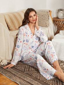 Serenescape Women Loose Comfortable Ocean Print Lapel Long Sleeve Pajama Set Lounge Sets For Women Sleepwear Women Pj Sets Floral Pj Set Pajamas Set For Woman - Multicolor - View 3
