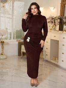 Modelyn Women's Ruched Long Sleeve Elegant Plus Size Dress - Brown - View 4
