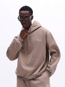 SUMWON Slumwon Embroidered Logo Pullover Hoodie And Jogger Sweatpants Two Piece Casual Lounge Set With Drawstring Hood And Elastic Waist - Khaki - View 3