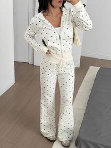 SHEIN EZwear 女士波点印花修身卫衣和喇叭裤套装 - 白色 - 查看 5