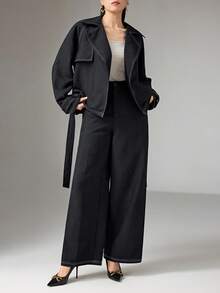 Heiryn New Autumn French Style Waist Belt Wrap Short Loose Denim Effect Suit - Navy Blue - View 4