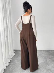 SHEIN Clasi Jumpsuit Kasual Longgar Berlipit Kaki Lebar untuk Wanita Ukuran Plus - Coklat - View 2