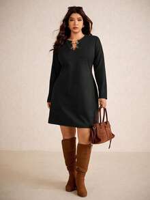 Elaquor Plus Size Women Metal Chain Decor Solid Color Long Sleeve Casual Dress/Christmas Dress - Black - View 1