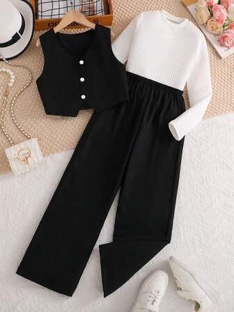 SHEIN Casuvi Kids 3pcs Girls' Black Vest + White Ribbed Long Sleeve T-Shirt + Black Pants 3-Piece Outfit, Soft Fabric, Comfortable, Suitable For Autumn, Outdoor, School, Photography, Outings, And Various Occasions