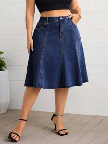 EMERY ROSE Plus Size Casual Denim A-Line Skirt Summer - Dark Wash - View 5