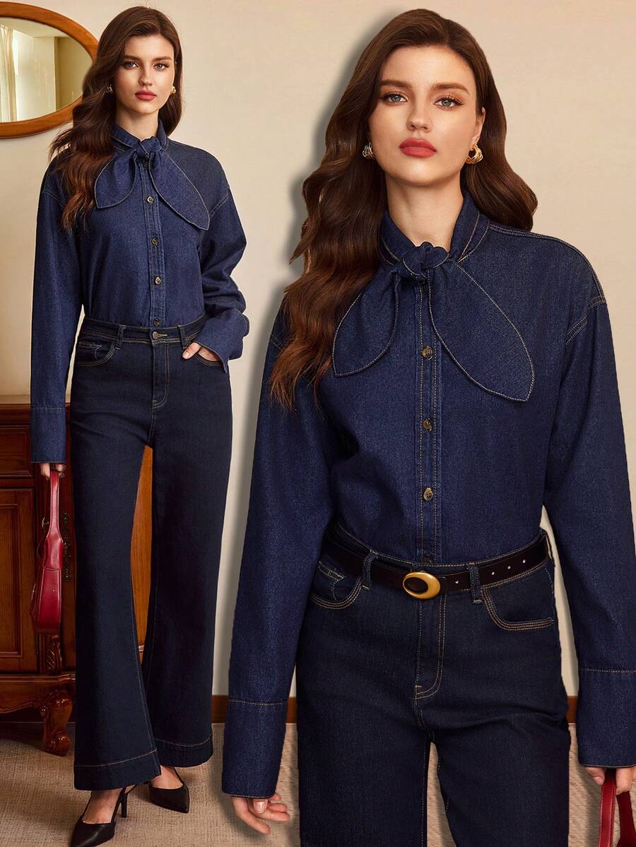 Vintamour 女士休闲牛仔衬衫，打结领口，落肩设计，适合春秋季穿着 - 深色水洗藍 - 查看 1