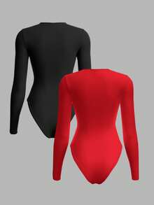 SHEIN BASICS 2件套休闲纯色针织圆领长袖连体衣，女士 - 紅色 - 查看 2