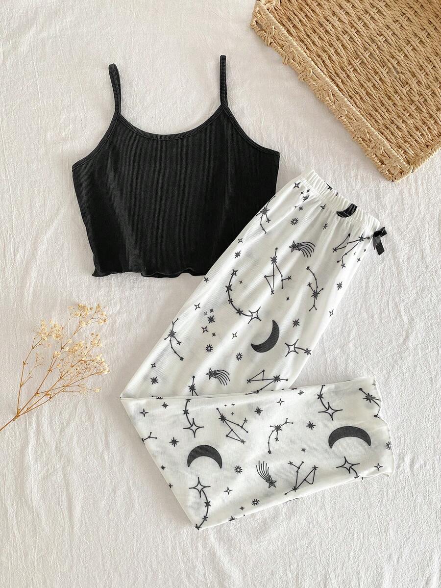 SHEIN 2件套女童简约时尚星月印花吊带短裤+长裤睡衣套装 - 黑色 - 查看 1