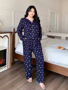 Dazy Plus 2pcs Plus Size Women Casual Bow Print Loose Pajama Set, Comfortable Home Wear For Spring & Autumn - Navy Blue - View 6