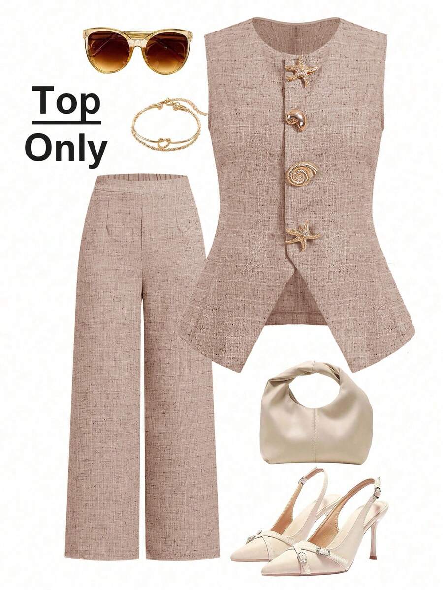 Ellevyn 贝壳星形纽扣无袖优雅衬衫 - 粉色 - 查看 1