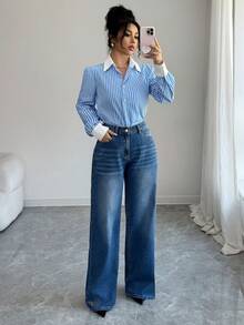 Elenzga Quần jean ống đứng ôm dáng thường ngày dành cho nữ - Rửa trung bình - Xem 8