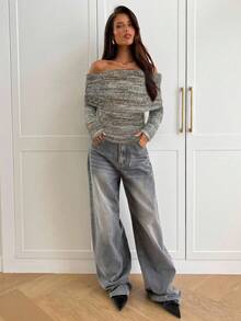 Aloruh Women's Sexy & Elegant Off-Shoulder Ruched Fitted Long Sleeve Knit T-Shirt - Grey - View 6