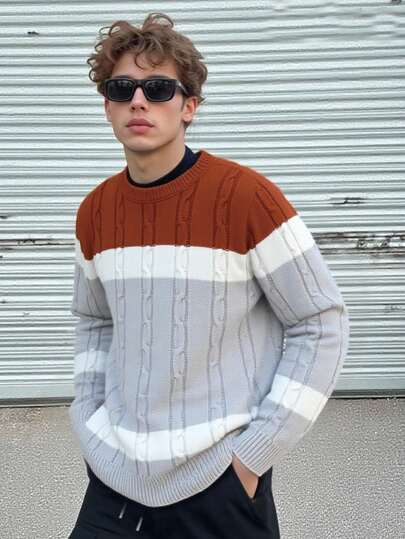 男士圆领长袖扭绳撞色百搭套头毛衣，学院风百搭单品
