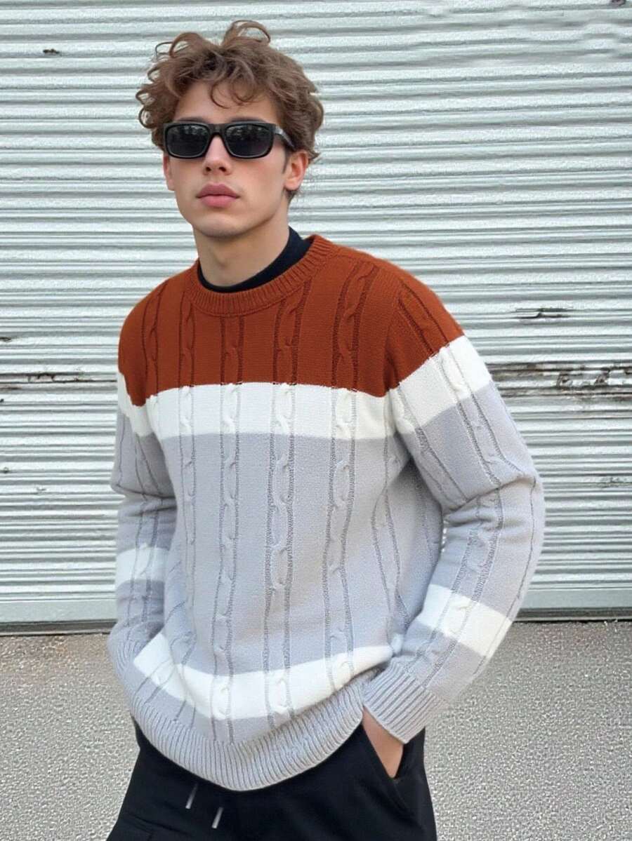 Men's Crew Neck Long Sleeve Twist Rope Contrast Color All-Match Pullover Sweater, Versatile College Style Brown Sweater For Teen Boy Teen Boys Street Wear - Light Grey - View 1