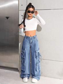 SHEIN Teen Girl Cargo Pockets Wide Leg Loose Casual Jeans, Baggy Cargo Jeans, Cargo Jeans Teen Girls, Y2k Baggy Jeans, Cargo Jeans Y2k, Wide Leg Cargo Jeans, Y2k Cargo Jeans, Washed Denim Cargo Pants, Low Rise Cargo Jeans Fall Winter - Medium Wash - View 5