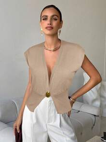 Lavishia Áo vest dệt kim cạp rộng có nút kim loại, trang phục công sở thời trang đi làm cho nữ - Màu be - Xem 4