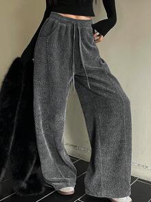 Livesso 女士休闲直筒裤，时尚灰色宽松商务通勤简约格纹条纹款，适合秋冬季穿着 - 灰色 - 查看 2