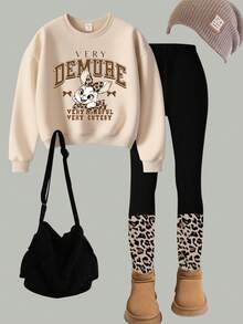 Bộ 2 quần nỉ và quần legging họa tiết da báo, chữ cái tiếng Anh và hình thỏ dễ thương cho bé gái, trang phục thu/đông - Nhiều màu - Xem 1