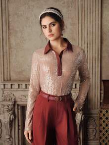 Anewsta Commuting College Sequins Embroidery Turndown Collar Long Sleeve Partial Placket Women Shirt - Khaki - View 4