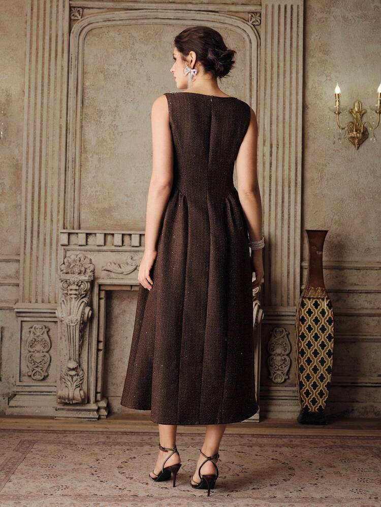 Women's Black French Elegant Square Neck Long Sleeve Flared Midi Dress, Early Autumn