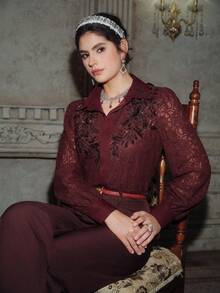 Anewsta Women's New Lace Burgundy Angora Embroidered Beaded Long Sleeve Elegant Blouse, European And American Street Style - Burgundy - View 4