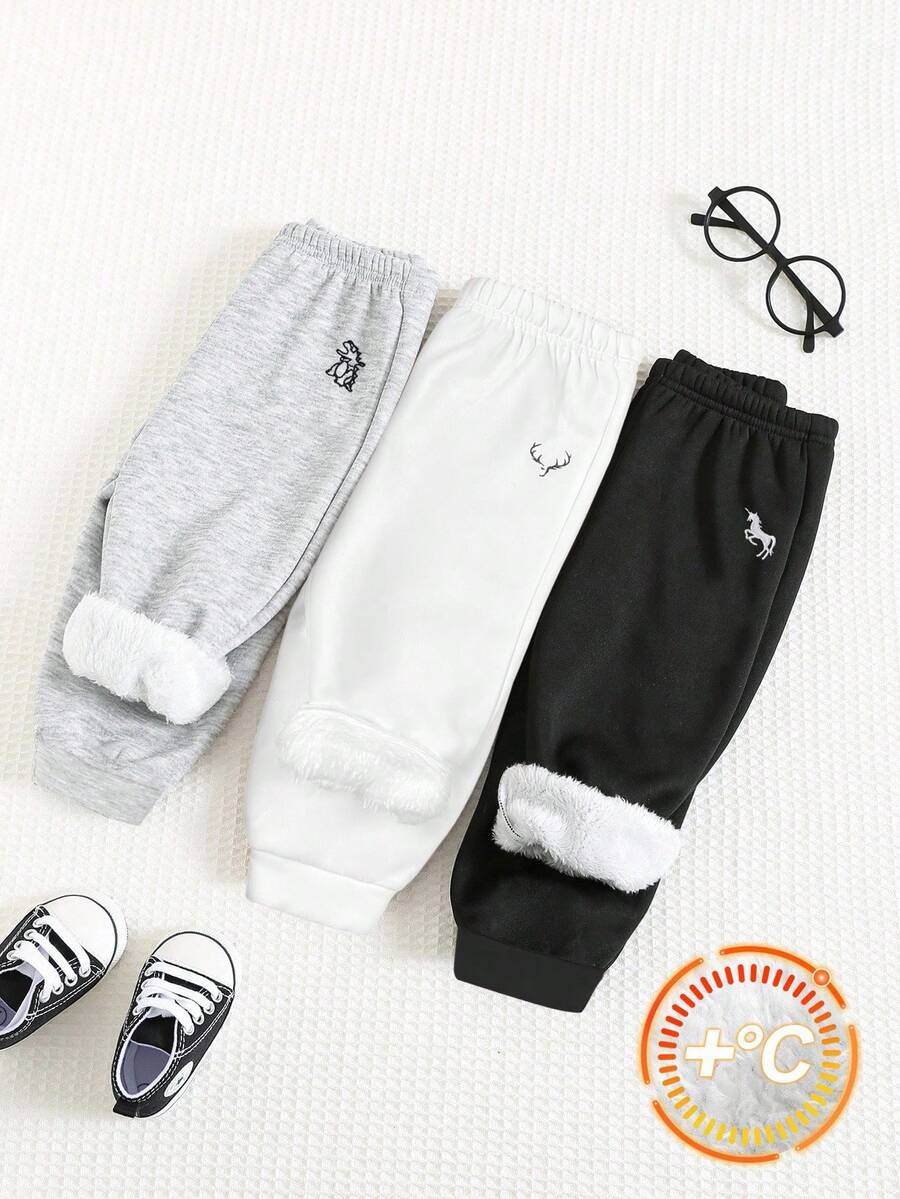 SHEIN 3 pièces Pantalons de survêtement amples et doublés thermiques avec broderie pour garçons, conviennent pour l'école, le jardin, la plage, les anniversaires, l'automne/l'hiver