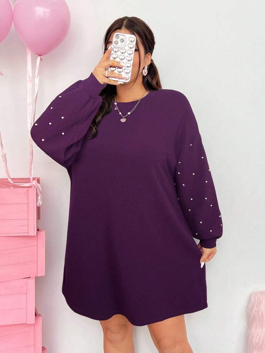 SHEIN EZwear 女士加大码落肩宽松黑色连衣裙 - 紫色 - 查看 1