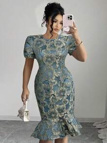 SHEIN Elenzya 大码圆领短袖立体刺绣花卉图案修身法式优雅通勤修身鱼尾连衣裙，橄榄绿 - 藍色 - 查看 4