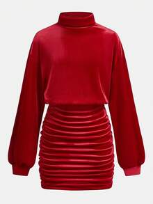 Firerie Kids Firerie Kids Vestito a collo alto rosso a costine per ragazze pre-adolescenti, vita larga, aderente sui fianchi, arricciato, vestito casual elegante retrò versatile a maniche lunghe e corto, adatto per feste di Natale, inverno