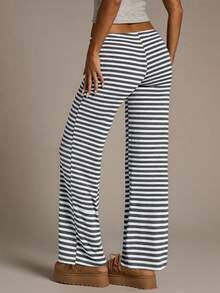 Aloruh Women's New Low Waist Brown Striped Pants, Autumn/Winter - Grey - View 2