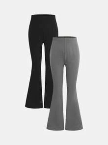 SHEIN 2件套女童休闲百搭喇叭保暖裤，黑灰色，日常穿着，秋冬季 - 彩色 - 查看 7