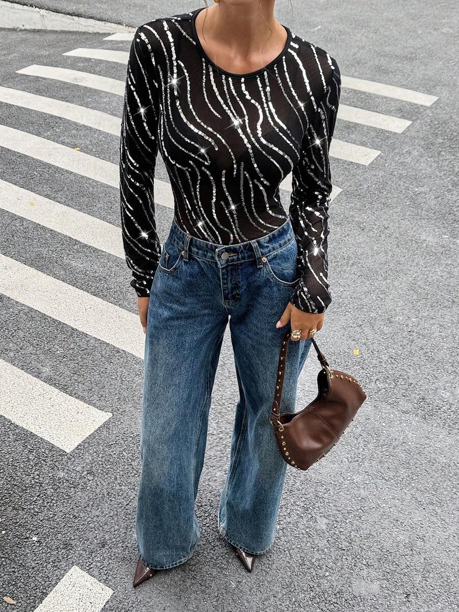 Siren Gaze 女士圆领插肩袖时尚修身亮片装饰衬衫 - 黑色 - 查看 1