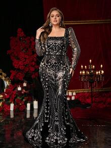 Glamrae Plus Size Elegant Classy Luxury Black Beaded Embroidered Square Neck Long Sleeve Fitted Mermaid Hem Dress Winter Formal Dinner Evening Party Halloween - Black - View 7