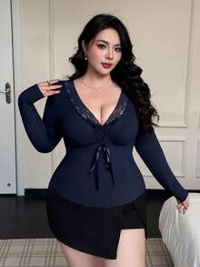 Vibekara Fall, Winter, Bow, Elegant Contrast Lace V-Neck Long Sleeve Sexy Minimalist Blouse - Navy Blue - View 3