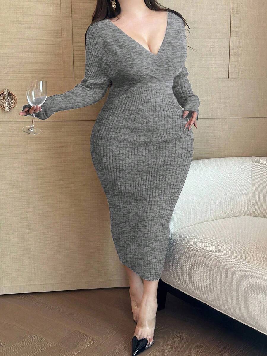 Flirla Plus Size Women's Solid Color Overlap V-Neck Long Sleeve Fitted Elegant Knit Dress - Grey - View 1