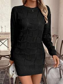 EMERY ROSE Women's Loose Casual Round Neck Drop Shoulder Long Sleeve Knitted Sweater Dress, Autumn/Winter - Black - View 3