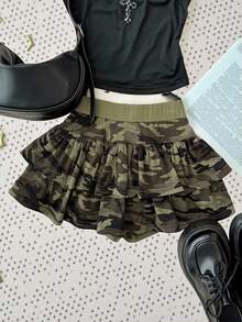 Tiered Camo Print Casual Sports Mini Skirt For Teen Girls - Green - View 1