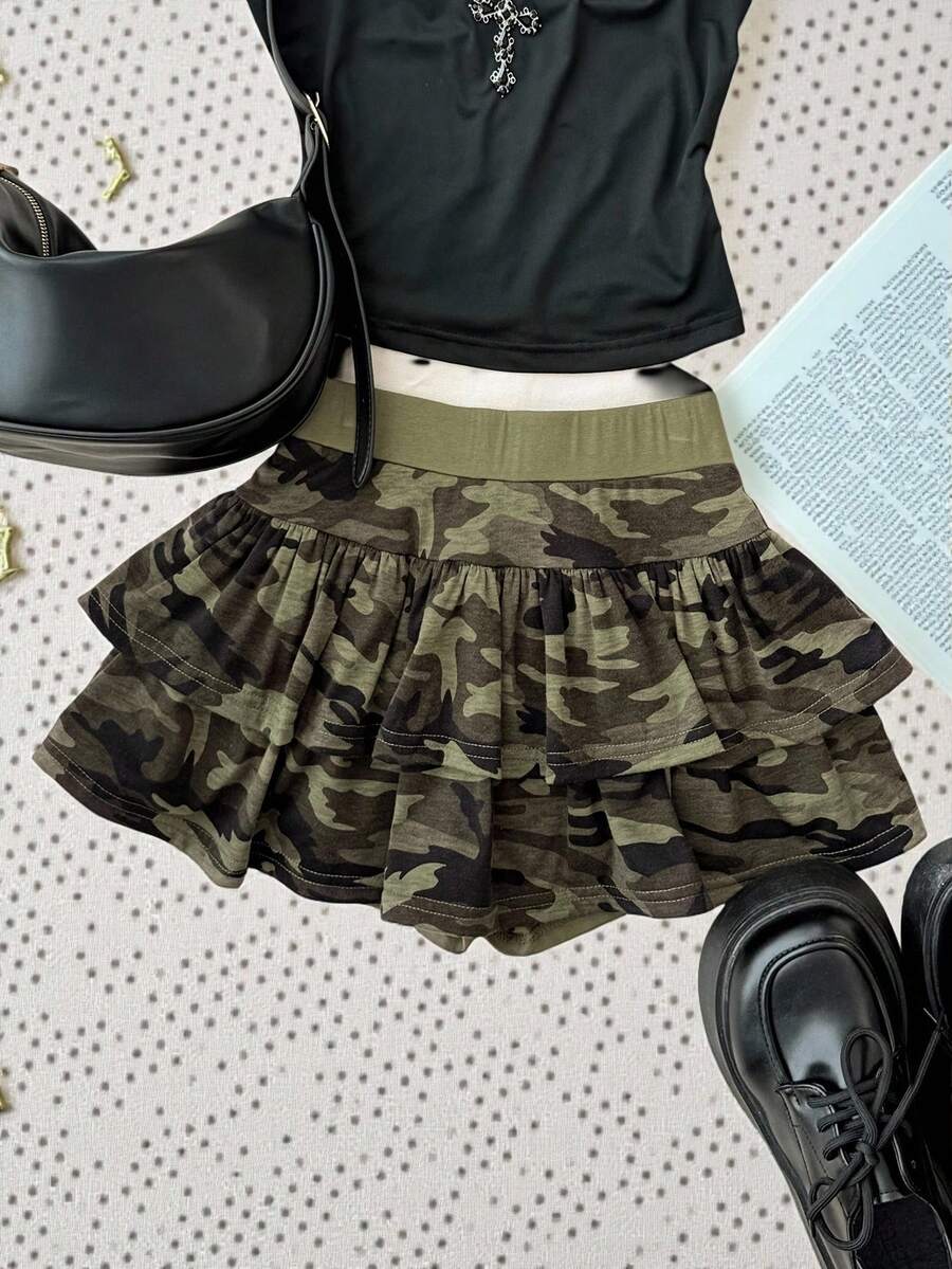 Tiered Camo Print Casual Sports Mini Skirt For Teen Girls - Green - View 1