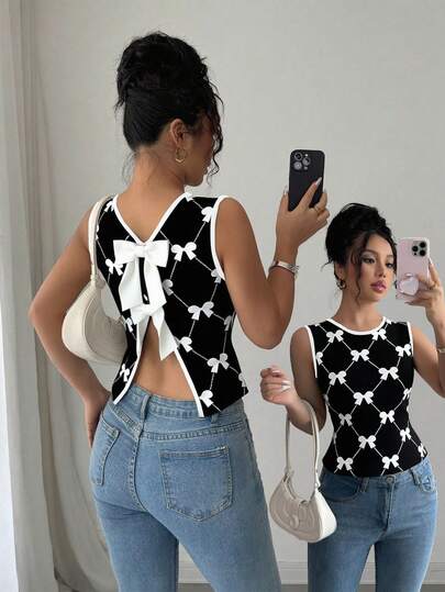 Elenzga Elegante camiseta sin espalda sexy con lazo hueco, adecuada para graduación, Día de la Independencia, uso casual y trabajo