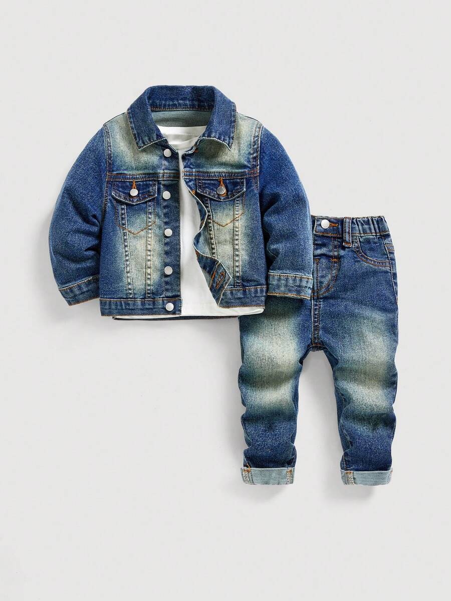 SHEIN Conjunto Vintage de Denim Desbotado para Meninos Bebês - Lavagem escura - Visão 1
