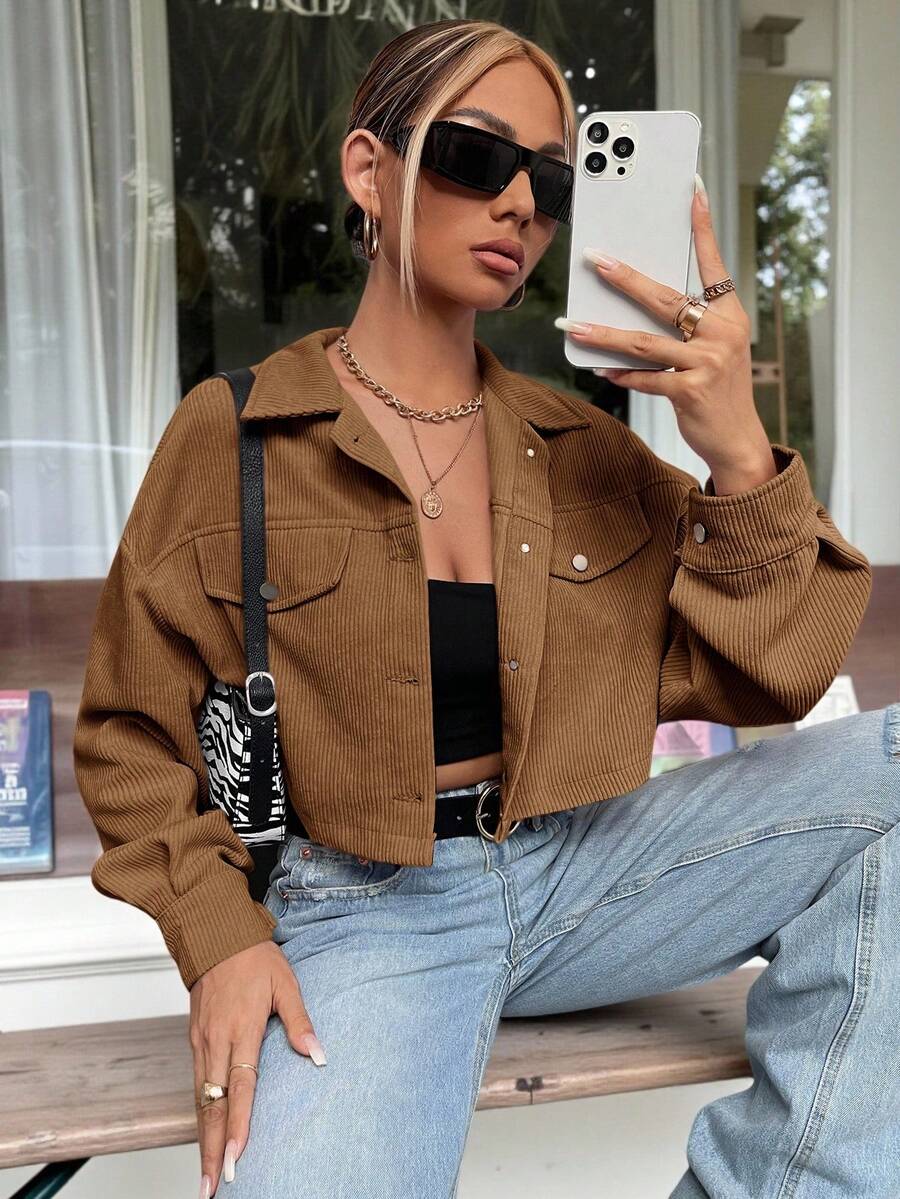 SHEIN EZwear Drop Shoulder Flap Detail Crop Corduroy Jacket In Fall/Winter