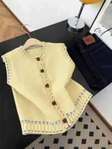 Franclia Plus Size Women Casual Round Neck Single-Breasted Knitted Vest, Autumn/Winter - Multicolor - View 3