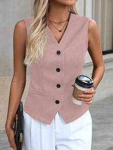 EMERY ROSE Áo vest cổ chữ V màu trơn thanh lịch dành cho nữ khi đi làm - Bụi hồng - Xem 1