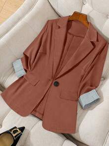 SHEIN PETITE CURVE Plus Size Women Striped Patchwork Business Suit - Orange - View 4