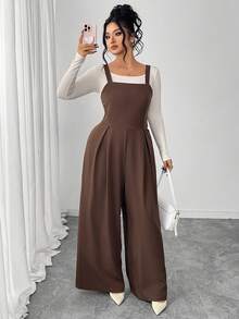 SHEIN Clasi Jumpsuit Kasual Longgar Berlipit Kaki Lebar untuk Wanita Ukuran Plus - Coklat - View 7